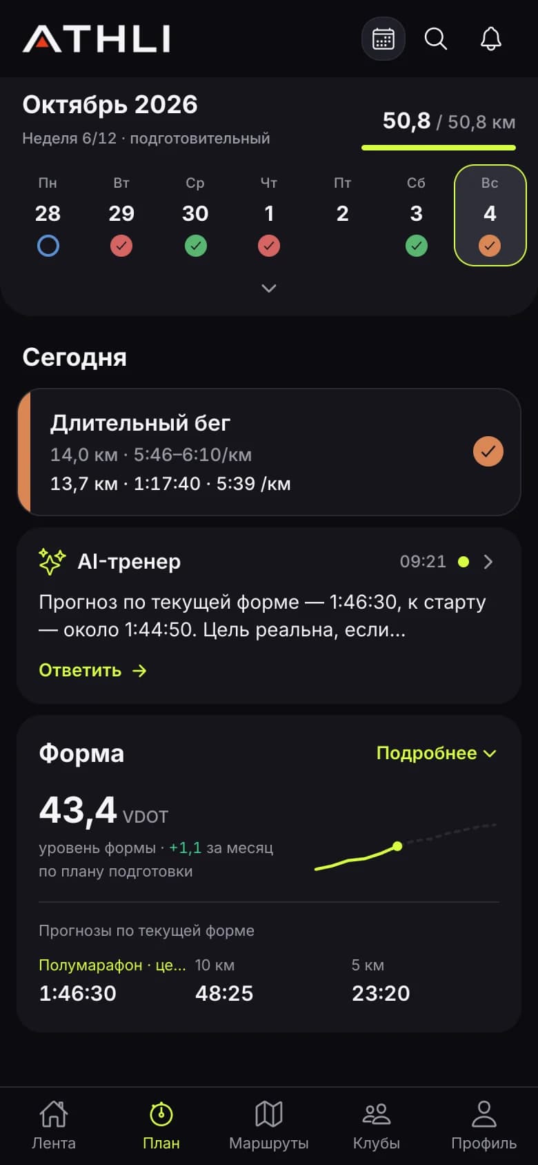 Экран «План»: неделя, тренировка дня и прогноз формы