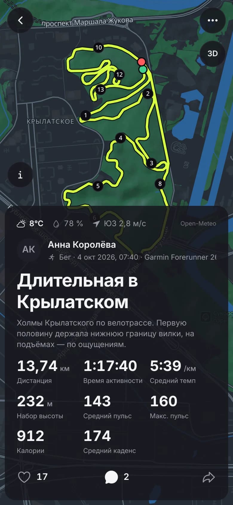 Карточка тренировки: трек на карте, отметки километров и метрики